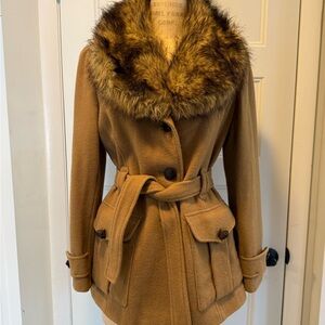 Jennifer Lopez Belted Coat with Faux Fur Collar